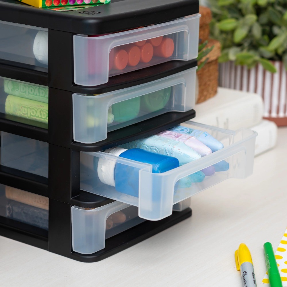 Small 4-Drawer Compact Organizer, Stacking Desktop Unit, Black-Clear, Set of 2