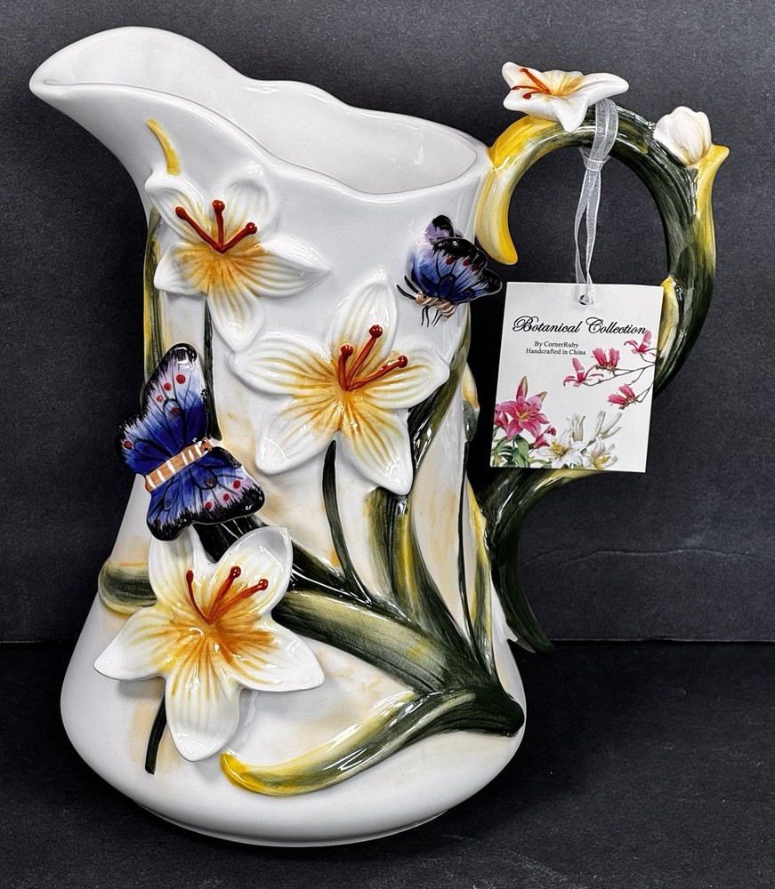 CornerRuby Botanical Collection Lily Butterfly Pitcher Hand Painted Floral