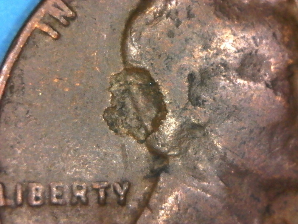 1946 D Lincoln Cent Strike Through Obverse Hole In Head