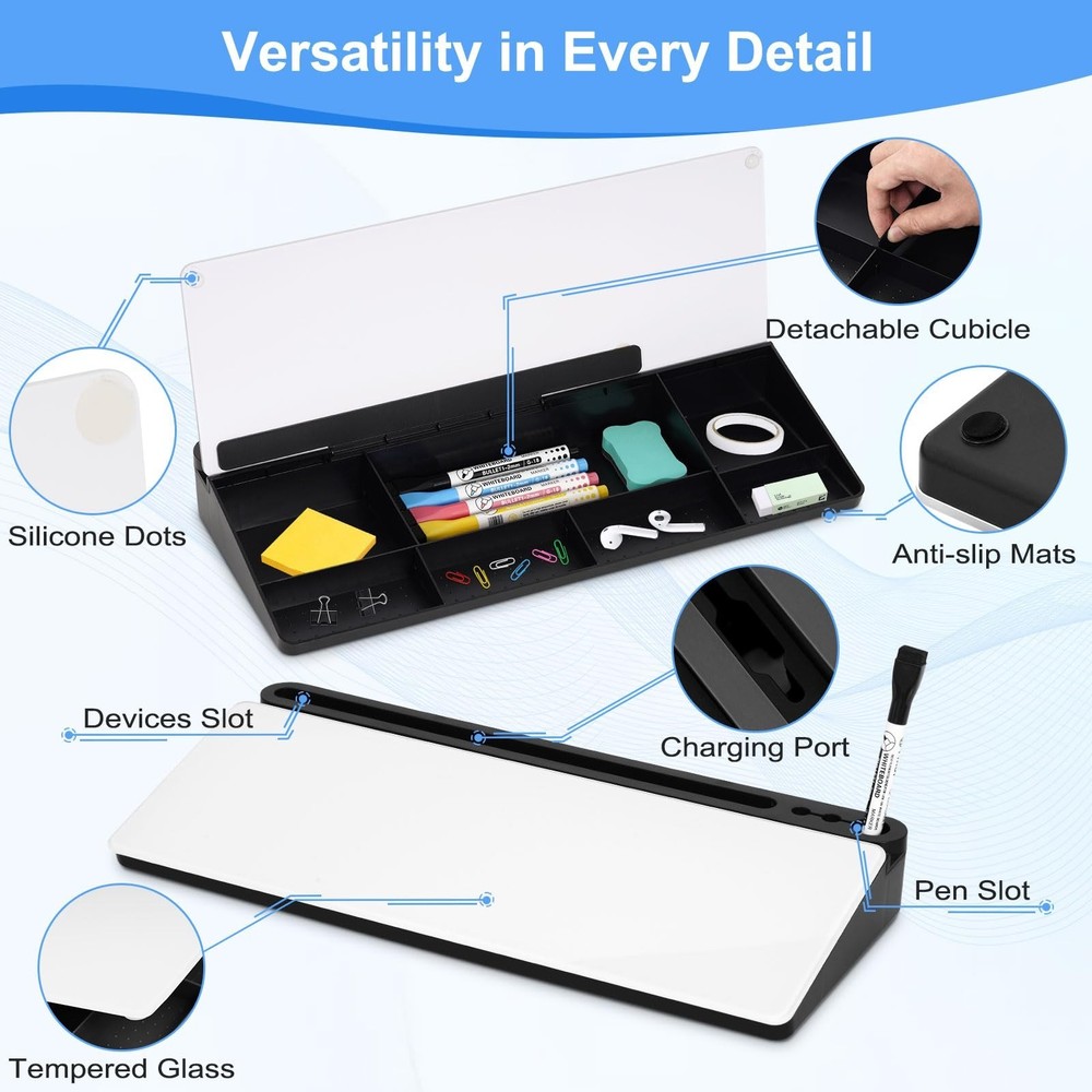 Desktop Glass Whiteboard with Storage, Desk White Board with Computer Keyboar...
