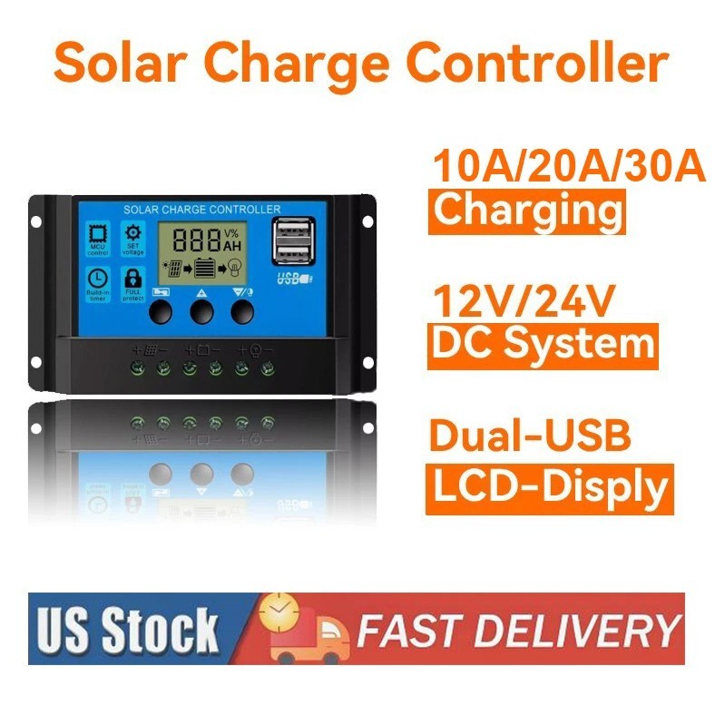 30A Solar Panel Battery Charge Controller 12V/24V LCD Regulator Auto Dual USB US