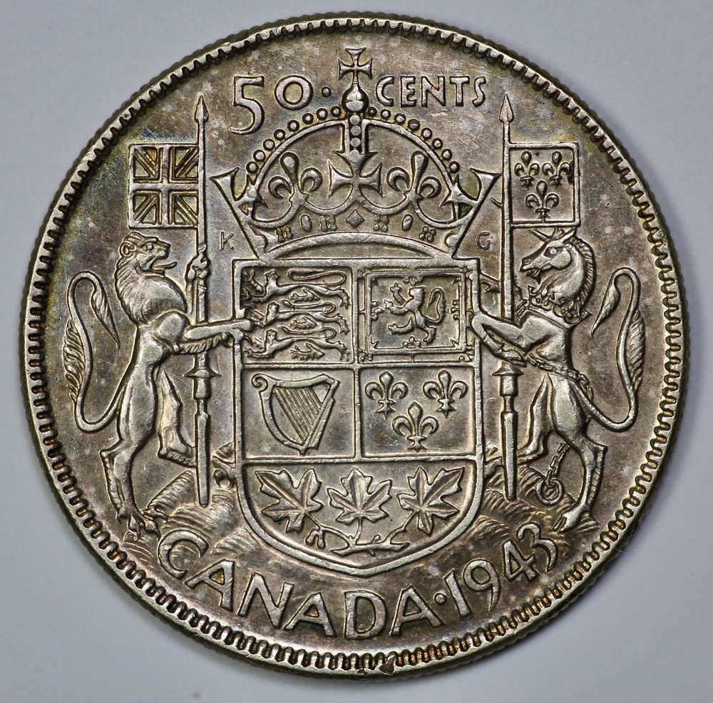 1943 Canada Silver 50 Cent Toned