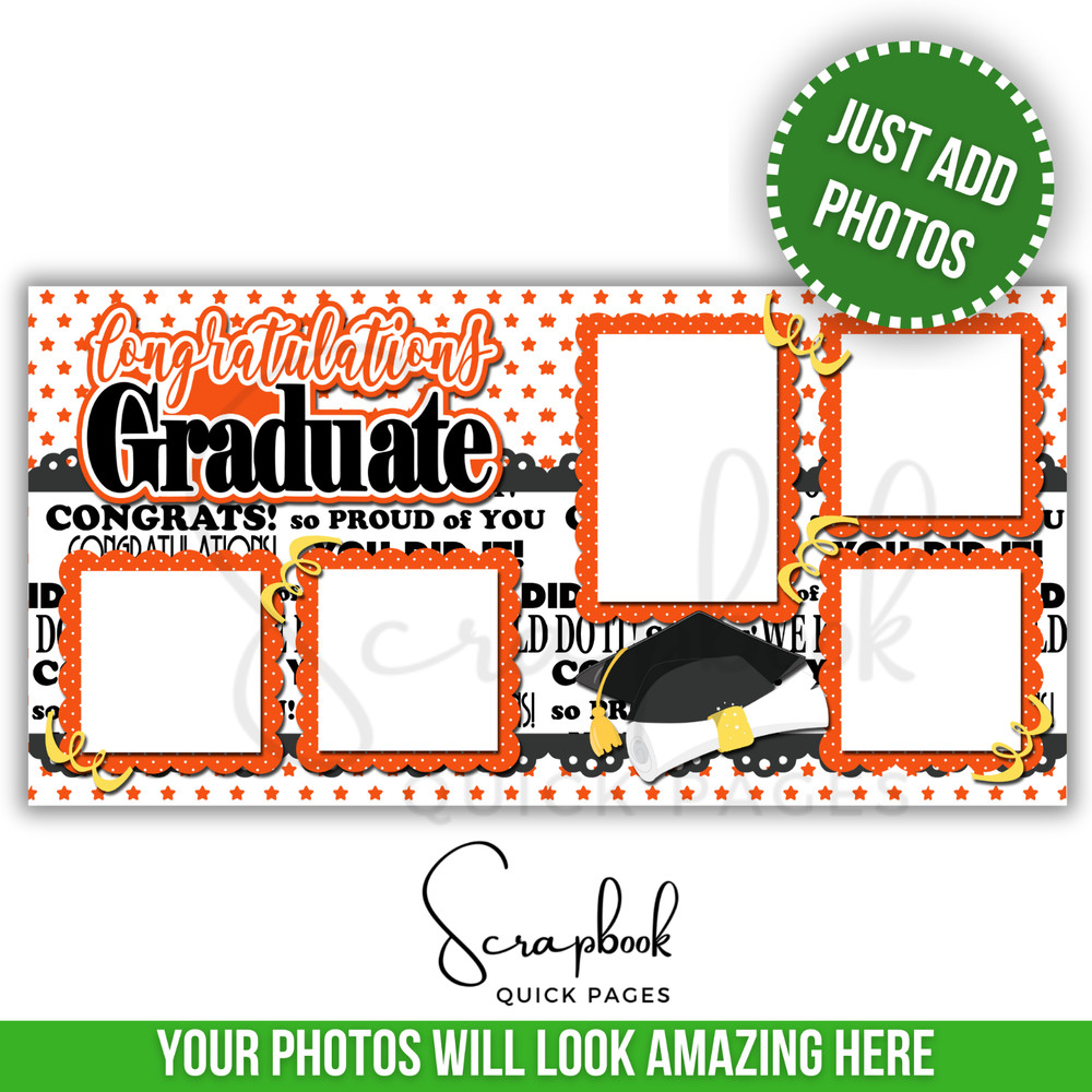Orange Graduation Scrapbook Pages PRINTED Premade Scrapbook Quick Pages 85