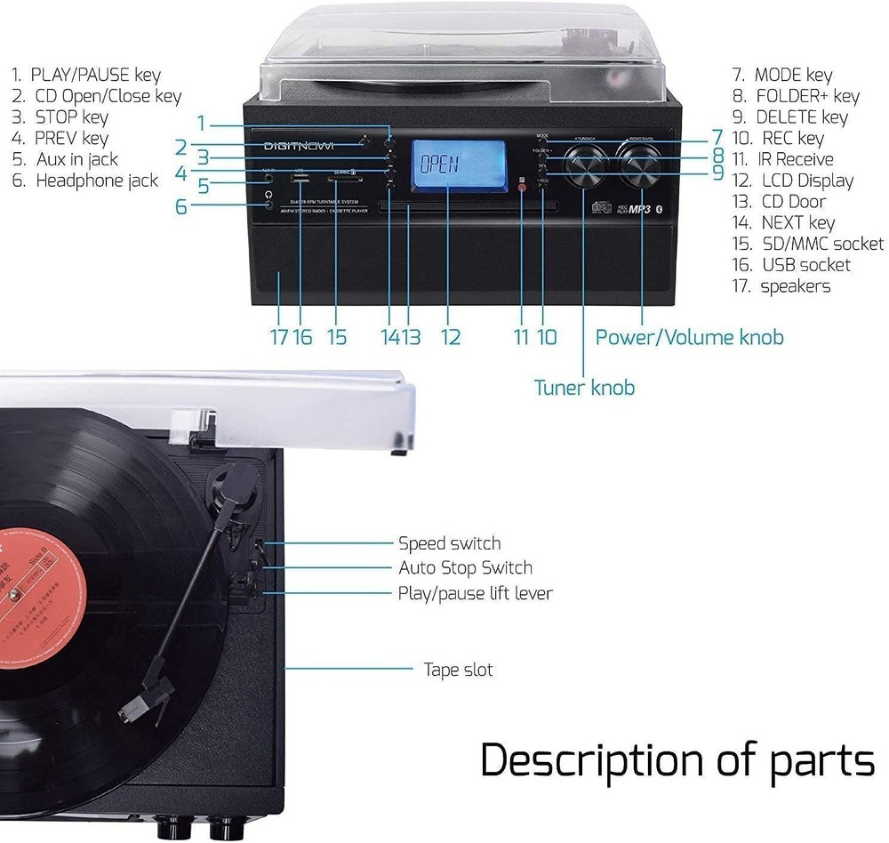 DIGITNOW Bluetooth Record Player Turntable with Black record player, Black-S