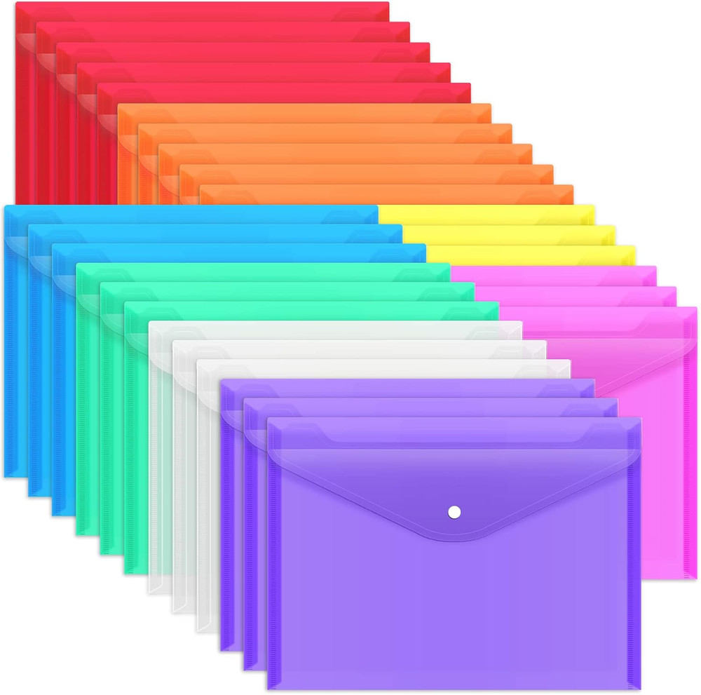 28pcs Plastic Envelopes, Plastic Folders for Documents, Poly Folders with Snap C