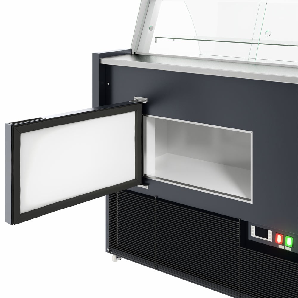 48" Curved glass fish case with refrigerated storage underneath