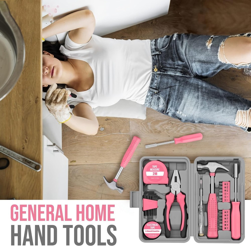 25PCS Pink Household DIY Tool Kit, Small Mini Tool Box Set of Starter Basic Tool