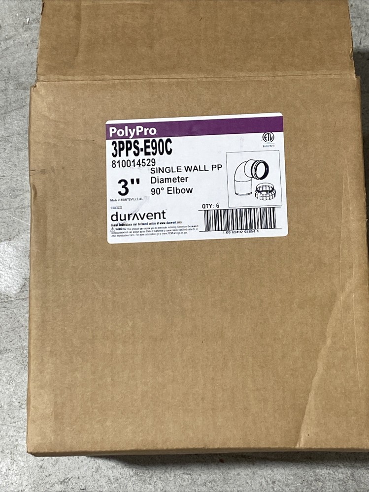 Duravent PolyPro 3PPS-E90C 3” Single Wall PP 90-degree Elbow Qty:6 New