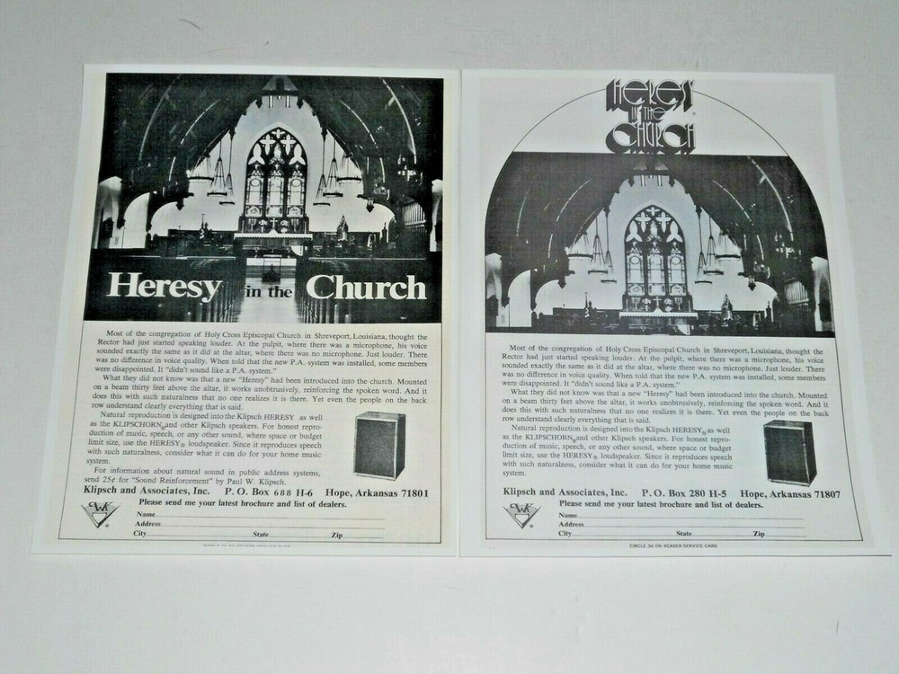 Klipsch Heresy Speaker Ads, 1973, 2 pg, Article, Vintage Speaker Ad, Frame Ready