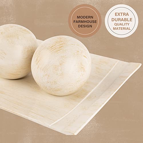 Rustic Luxe Decorative Tray and Orb Set - Centerpiece Table Distressed White