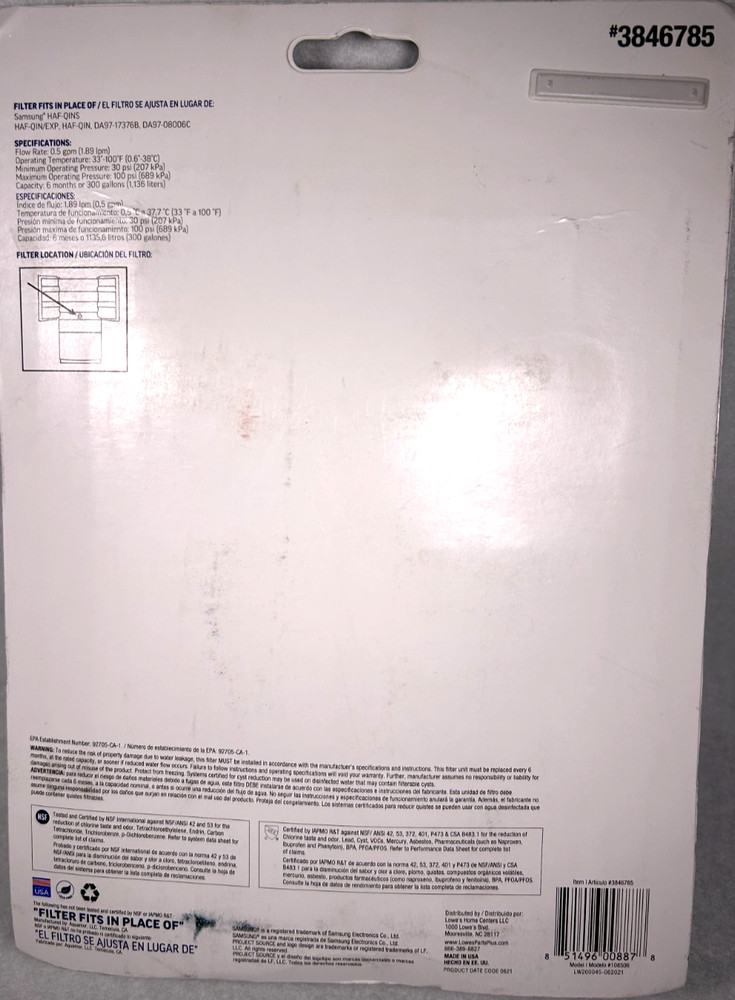 NEW Project Source Samsung HAF-QINS 3846785 Refrigerator Water Filter 2 Pack