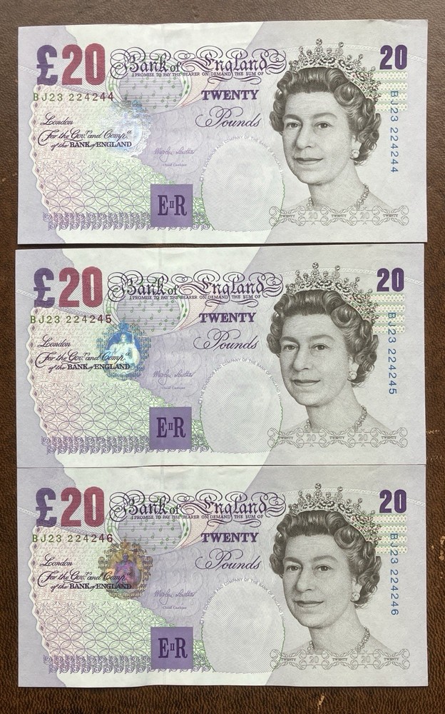 BRITISH 20£ NOTES 1999-2004  MERLYN LOWTHER CONSECUTIVE SERIAL NUMBERS