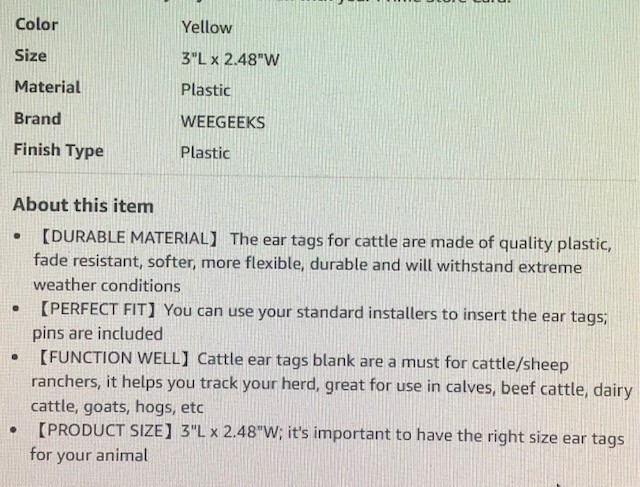 Cattle Ear Tags, blank , 25 total, yellow