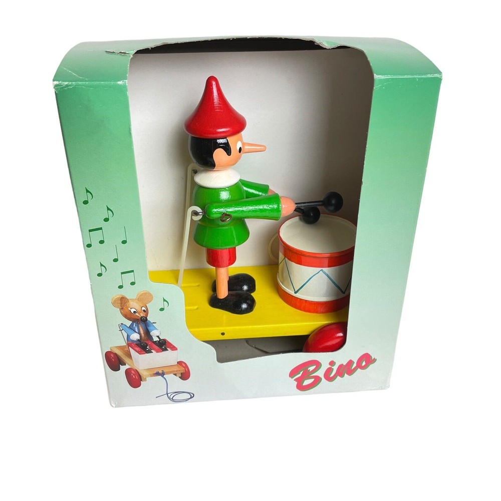 Wooden Pinocchio Playing Drum Pull String Children's Toy