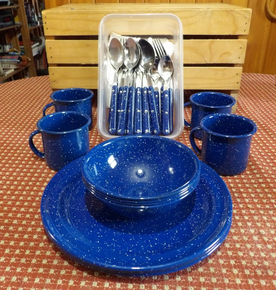 28 Piece Set of Enamelware/Graniteware Blue Speckled Camping Dinnerware.