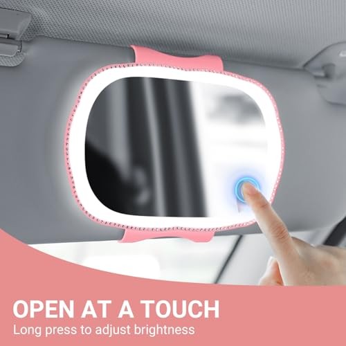 LED Car Sun Visor Vanity Mirror with 3 Dimmable Light Modes Touch Control Pink
