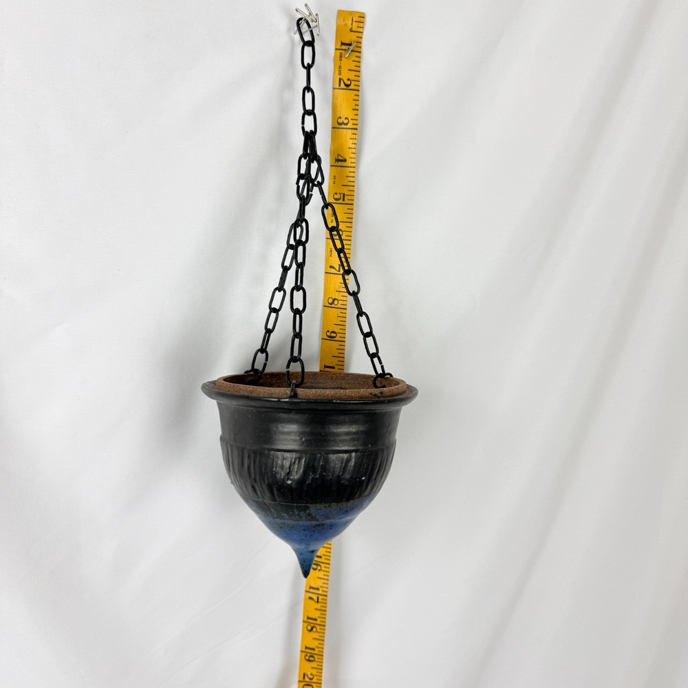 Studio Pottery Hanging Planter Blue Black Glaze REZ Signed
