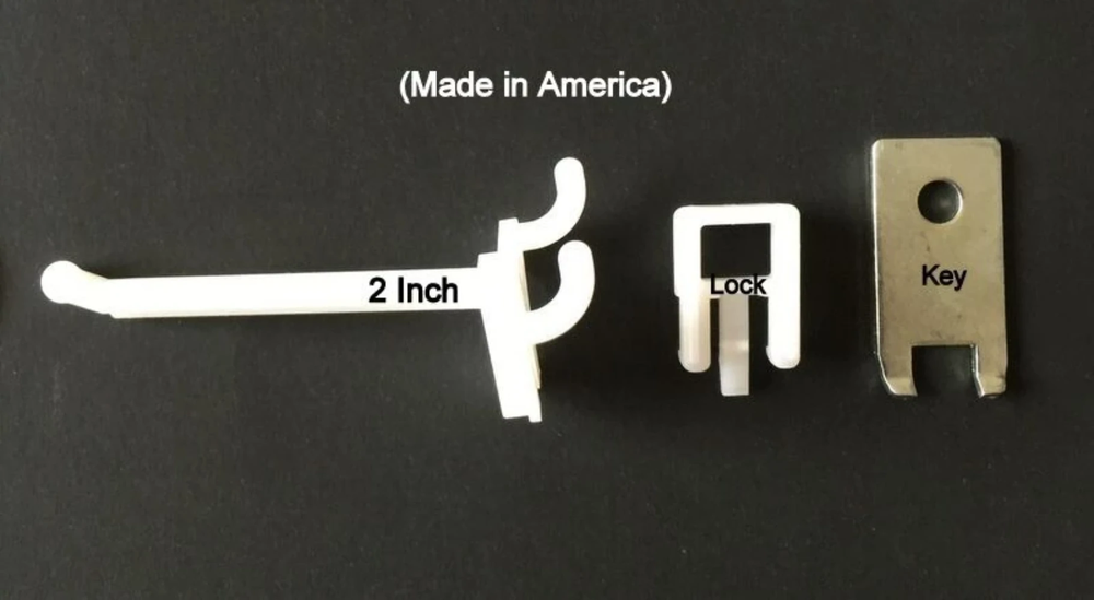 (50 PACK) 2 Inch Locking White Plastic Pegboard Peg Hooks (50 Locks, 4 Keys)