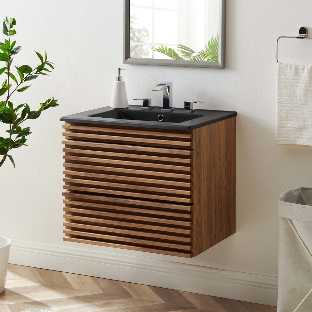 Modway Render 24" Wall-Mount Bathroom Vanity in Walnut Black