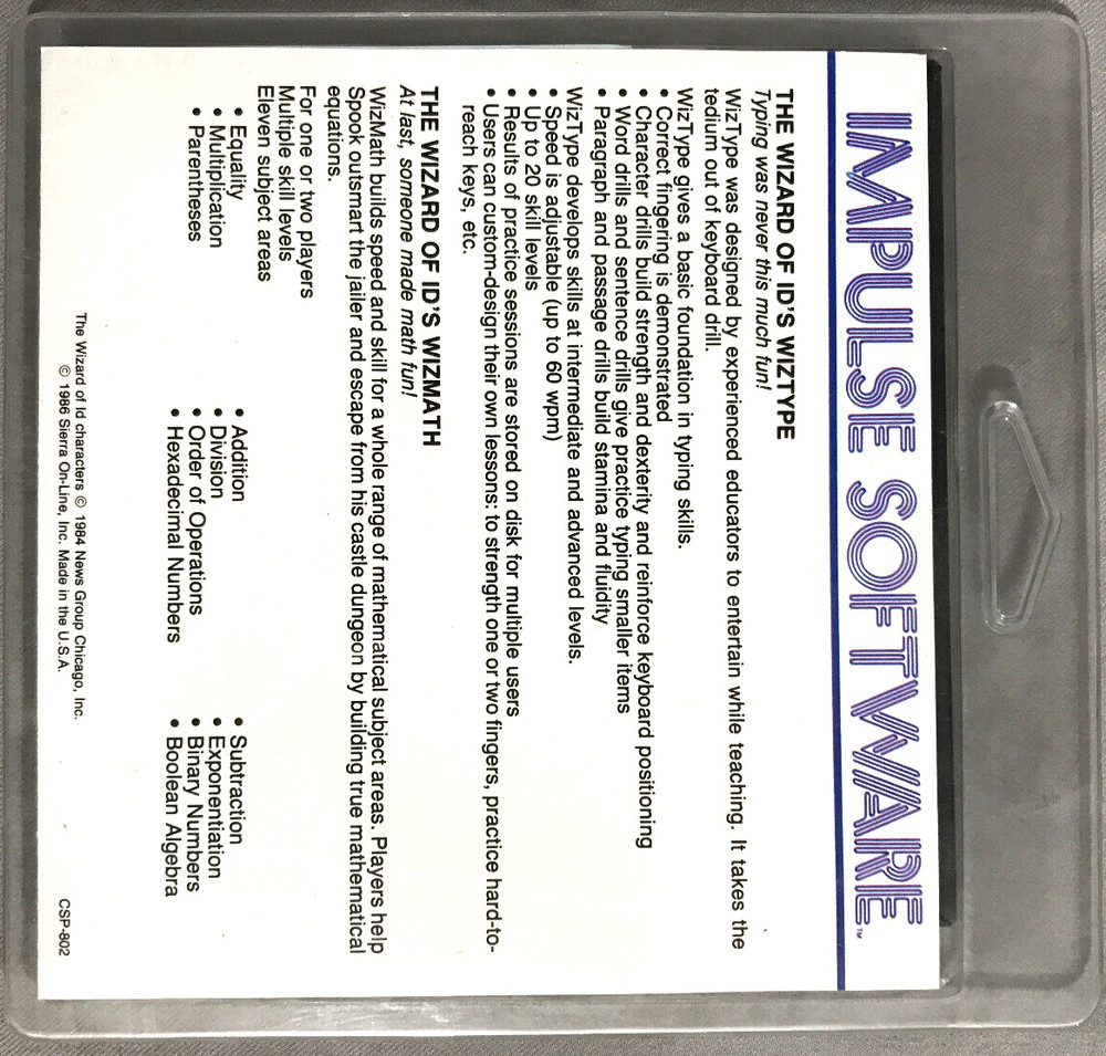 NIB WizType/WizMath Commodore 64/128 Impulse Software published clamshell 1986