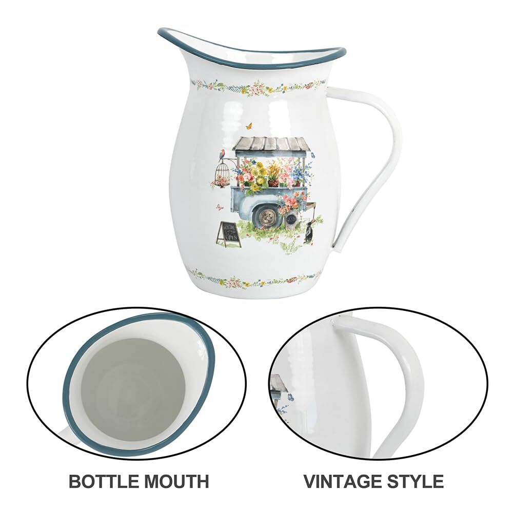 Enamel Pitcher with Wide Handle and Green Rim Rustic Enamelware Pitcher Vase ...