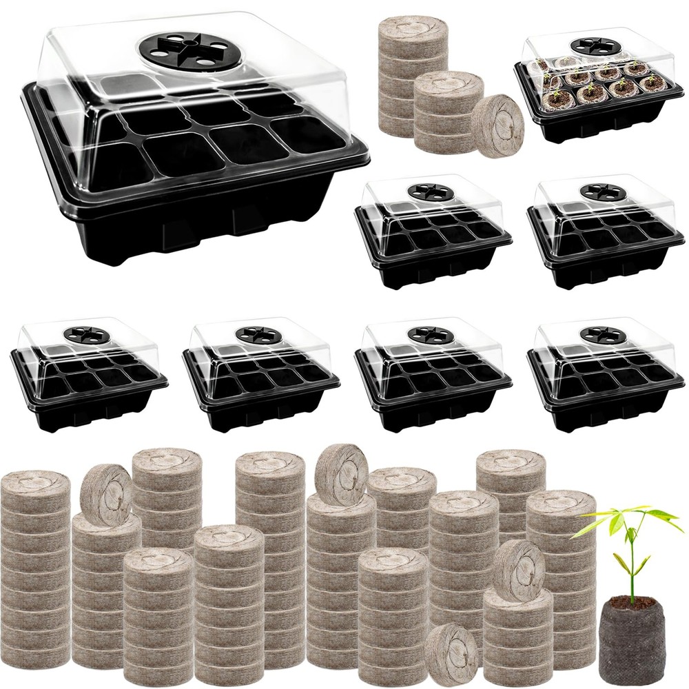 Halatool 8 Pack Seed Starter Tray with 100 PCS Peat Pellets, 96 Cells Black P...