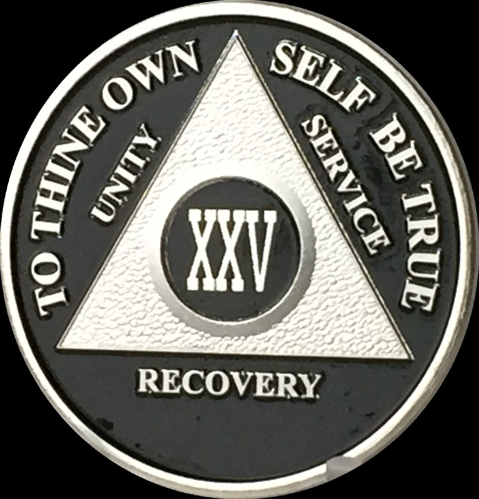 Black & Silver Plated 25 Year AA Chip Alcoholics Anonymous Medallion Twenty Five