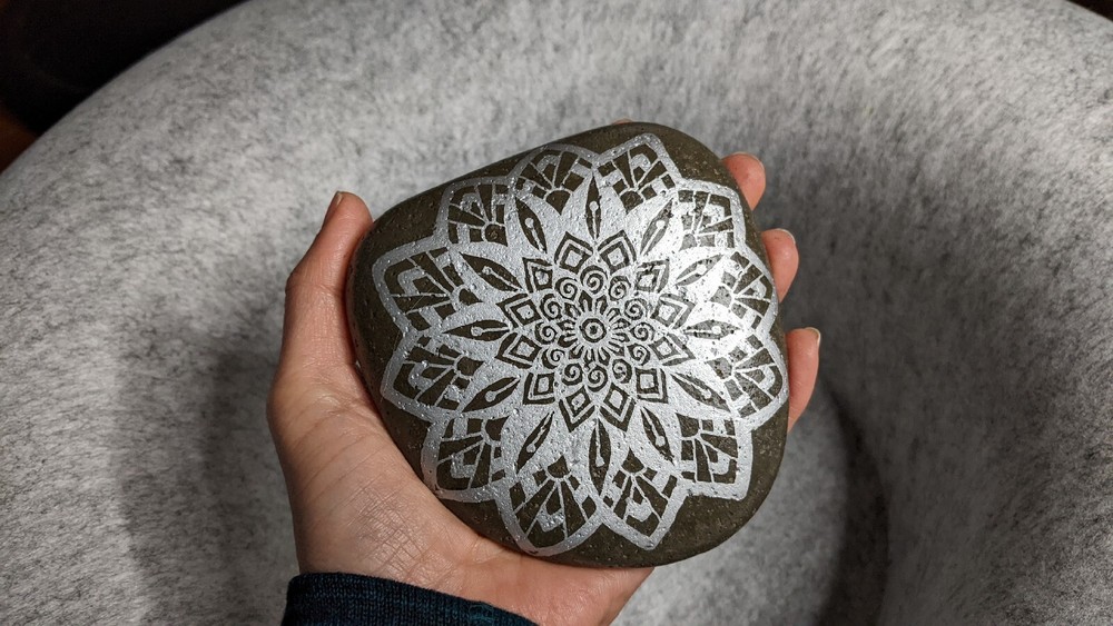 Hand Painted Rock / Stone - Mandala silver black gray