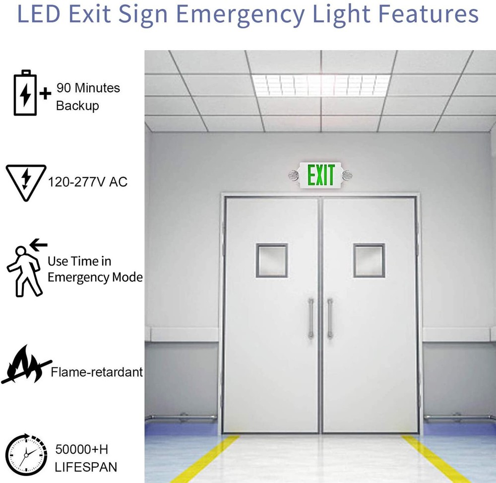 2 Pack LED Exit Sign Emergency Light–Hi Output Compact Combo UL listed (Green)