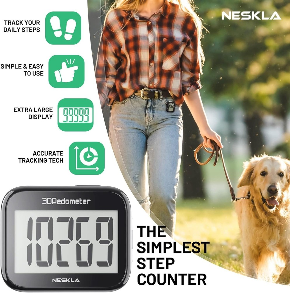 3D Pedometer for Walking, Simple Step Counter with Large Digital Display, Ste...