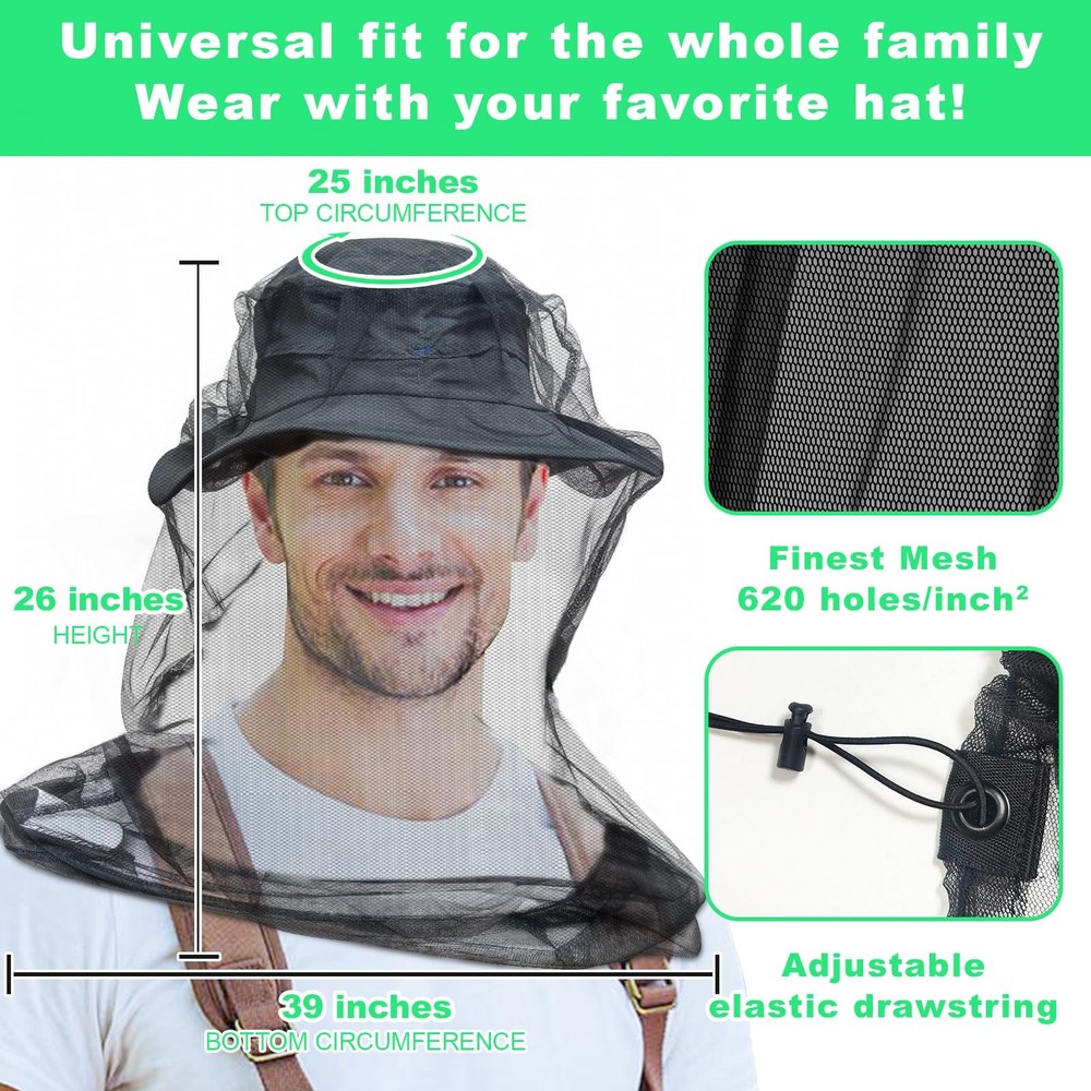 Premium Mosquito Head Net Mesh, 2 Pack Bug Face Net for Fly & Mosquito Protec...