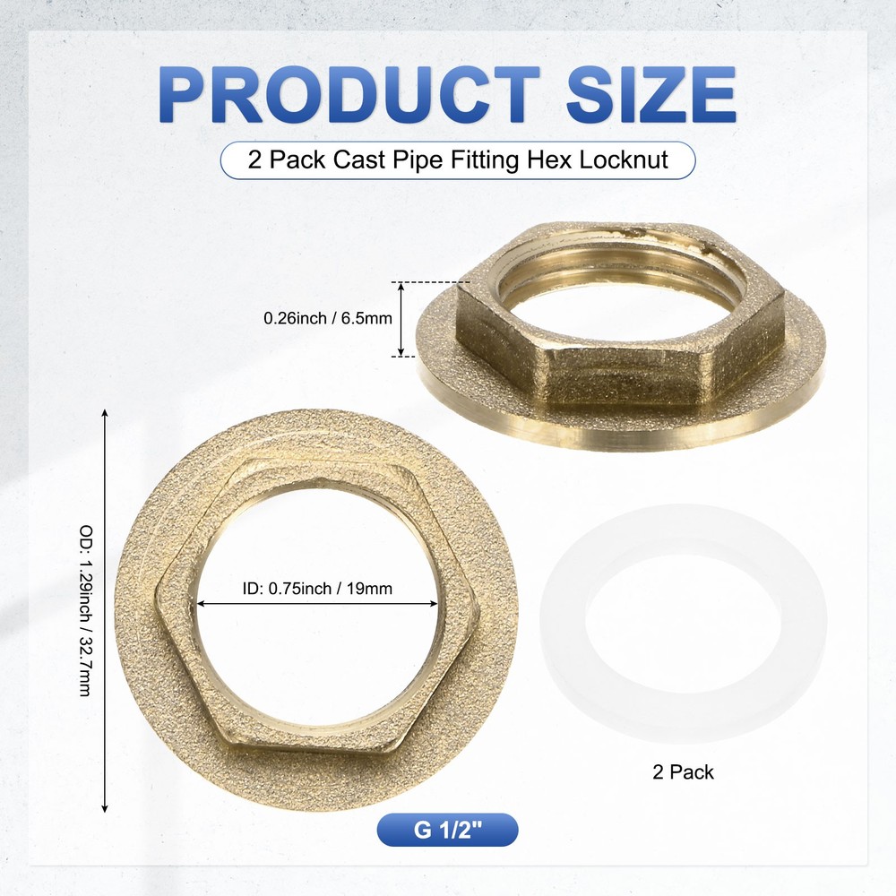 2 Pcs Brass G 1/2" Pipe Fitting Flange Hex Locknuts with Washer