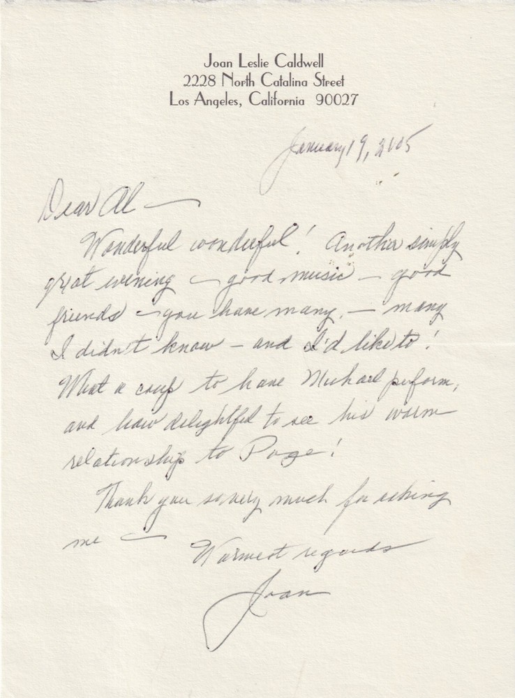 Joan Leslie signed personal letter ALS