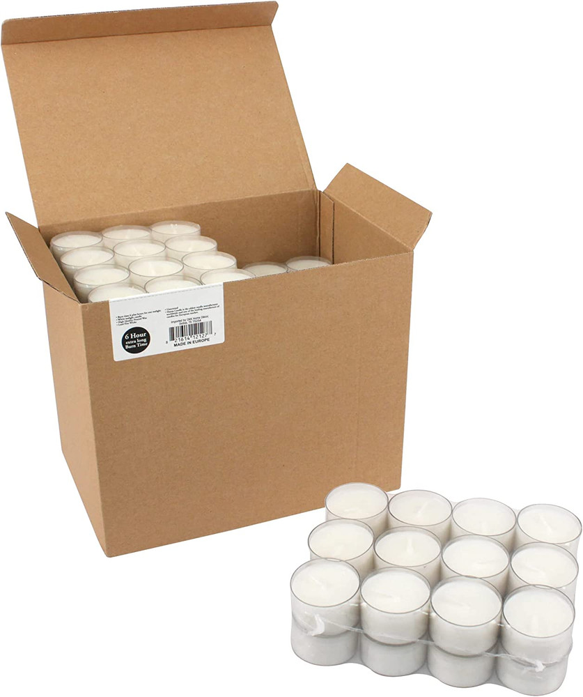 96 Count White Unscented Smokeless Long Burning Clear Cup Tea Light Candles with