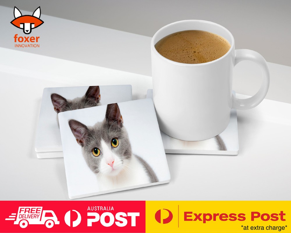 COASTER COFFEE DRINKING MAT|CUTE GREY WHITE CAT KITTEN ANIMAL