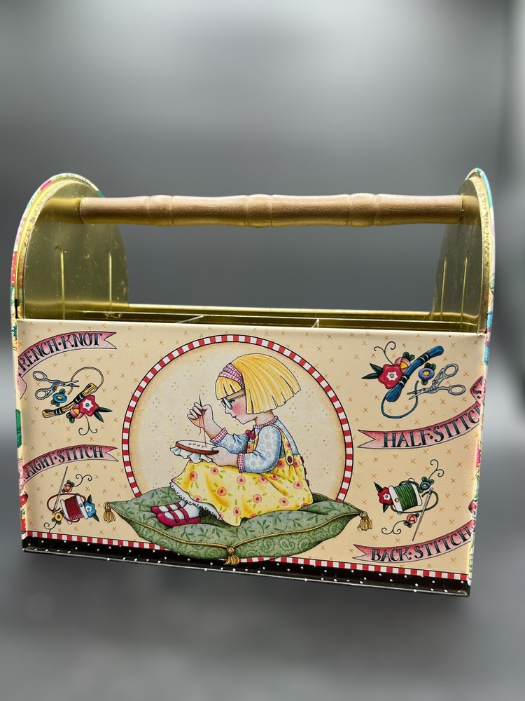 Grannycore Needlepoint Mary Engelbreit Metal Sewing Caddy Tool Box Wood Handle