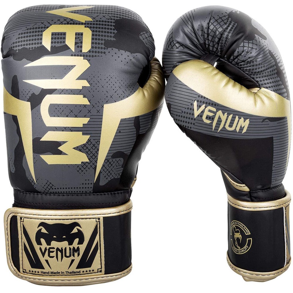 Venum Elite Hook and Loop Training Boxing Gloves - Dark Camo/Gold