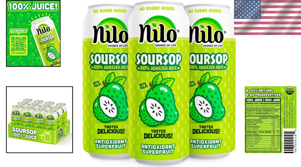 Refreshing 100% Real Soursop Juice | No Sugar, Not from Concentrate - 12 Pack