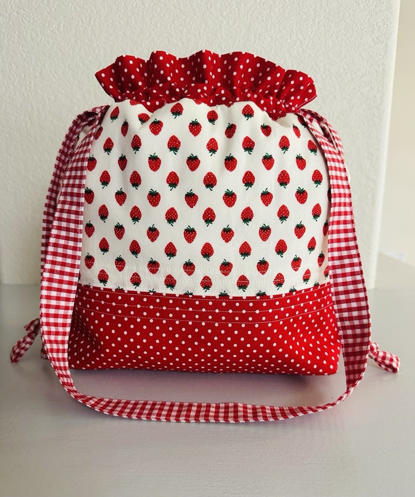 Handmade Quilted Project Bag With Handles. Strawberries