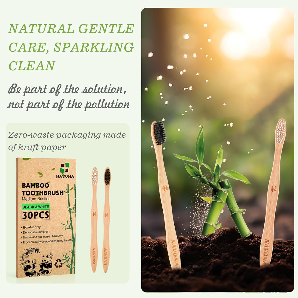 30 Pack Bamboo Toothbrushes Medium Bristles Eco Friendly Biodegradable Bulk Set