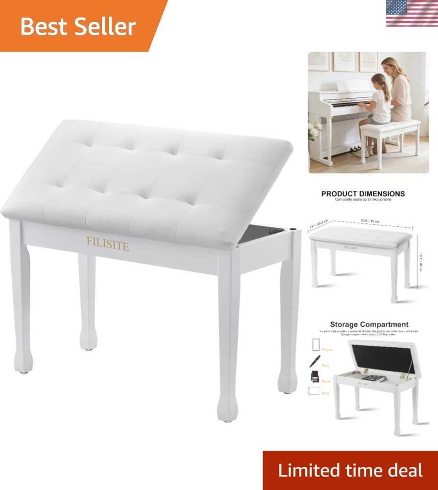 Classic White Duet Piano Bench with Storage, Waterproof Cushion & Sturdy Frame