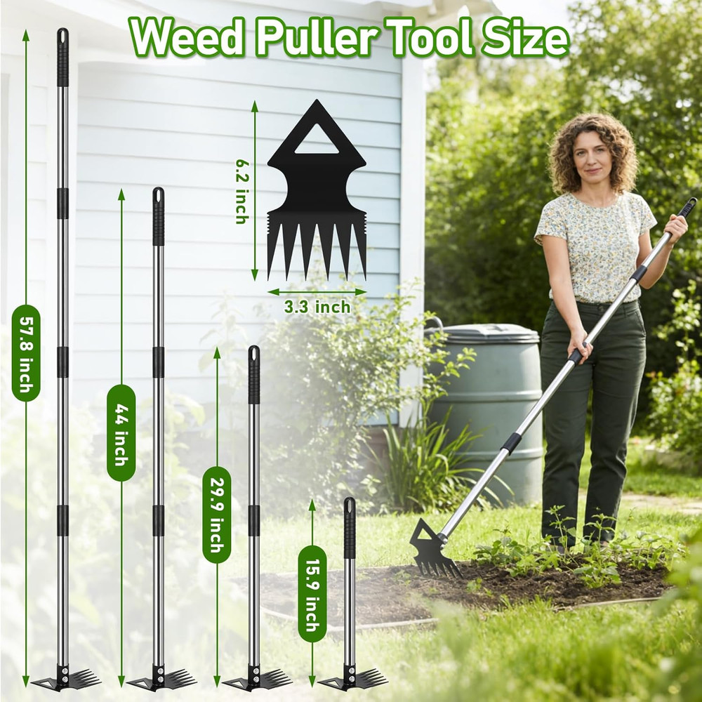 Premium 56" Long Handle Weed Puller Tool, 2-in-1 Manual Weeder and Rake