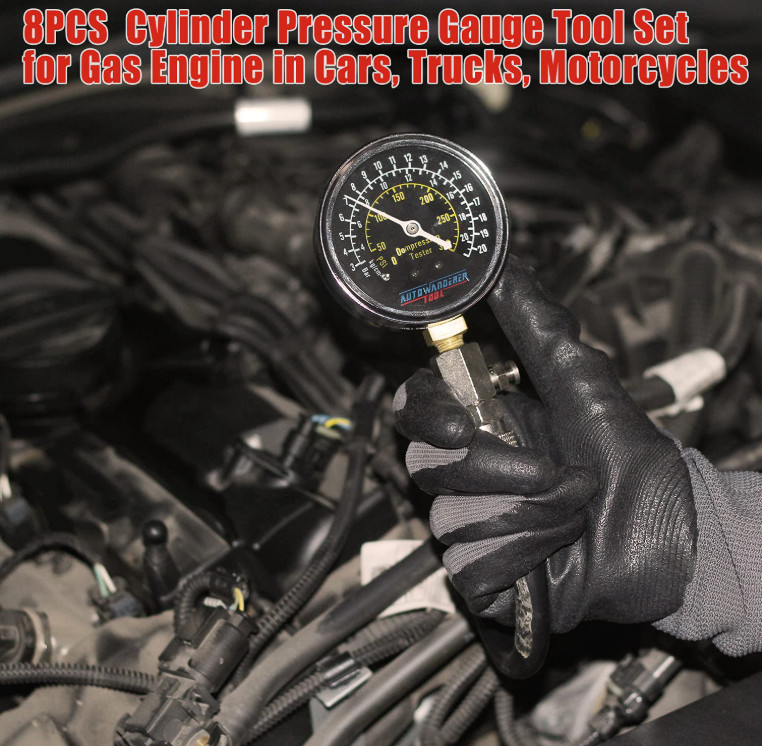 8-Piece Petrol Engine Cylinder Compression Tester Kit for Vehicles