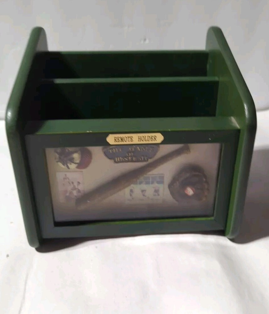 REMOTE CONTROL HOLDER CADDY ORGANIZER GREEN WOOD BASEBALL SHADOW BOX