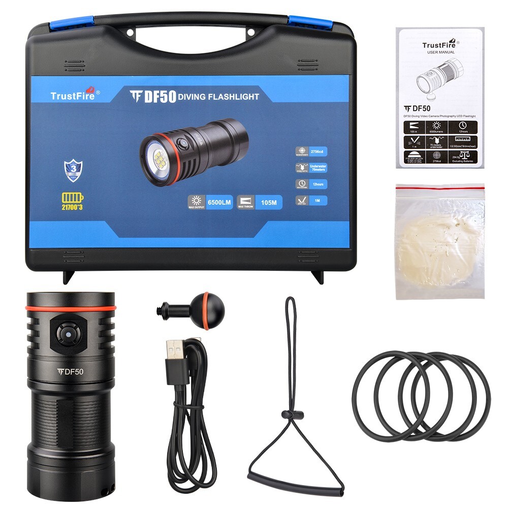 Trustfire DF50 6500Lumen Kit led Diving Light Scuba Flashlight 3 Mode Light -70M