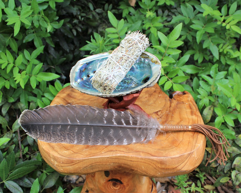 Blue Smudge Kit: Abalone Shell, Stand, Deluxe Feather, Sage, Smudging Directions