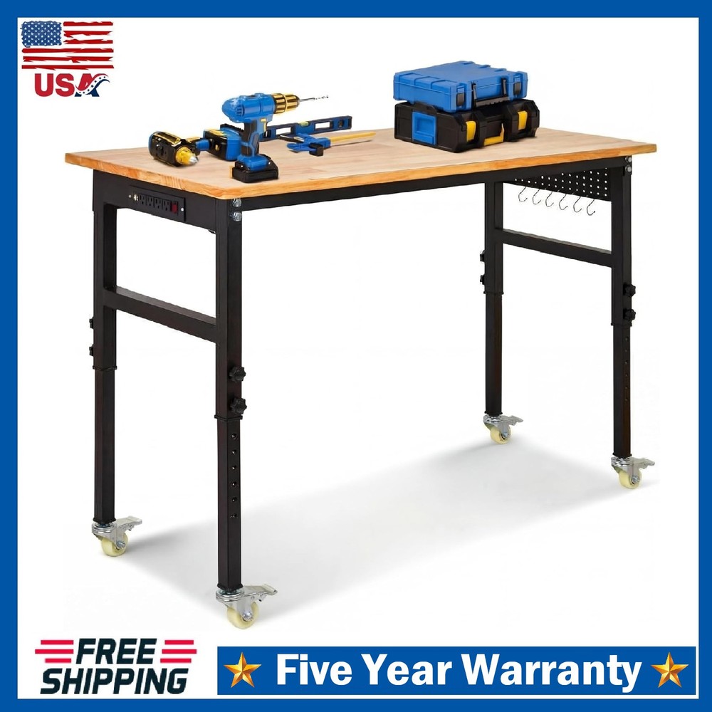 Adjustable Height Workbench 70" Wood Work Bench Table 2000 Lbs with Power Outlet