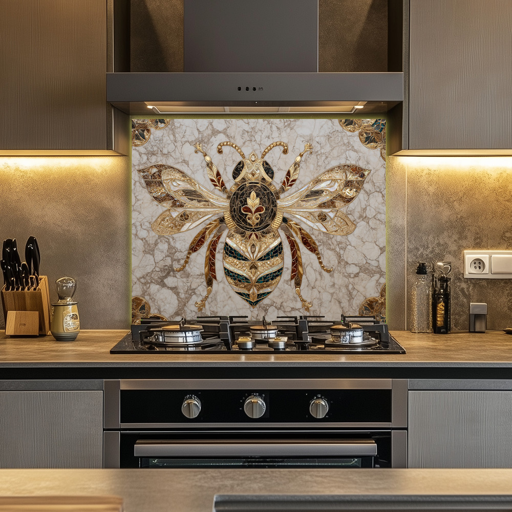 Gold Marble Look Bee Print Backsplash, Tempered Glass Kitchen Backsplash