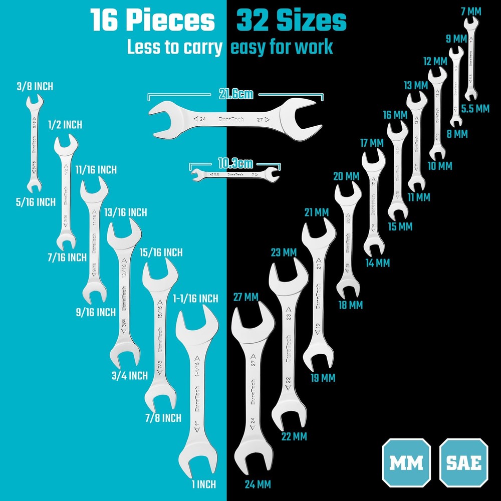 DURATECH Super-thin Open End Wrench Set, SAE(5/16" to Metric &SAE, Silver