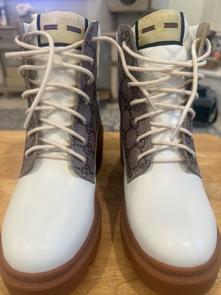 Gucci White and Tan Leather Combat Boots Size 8